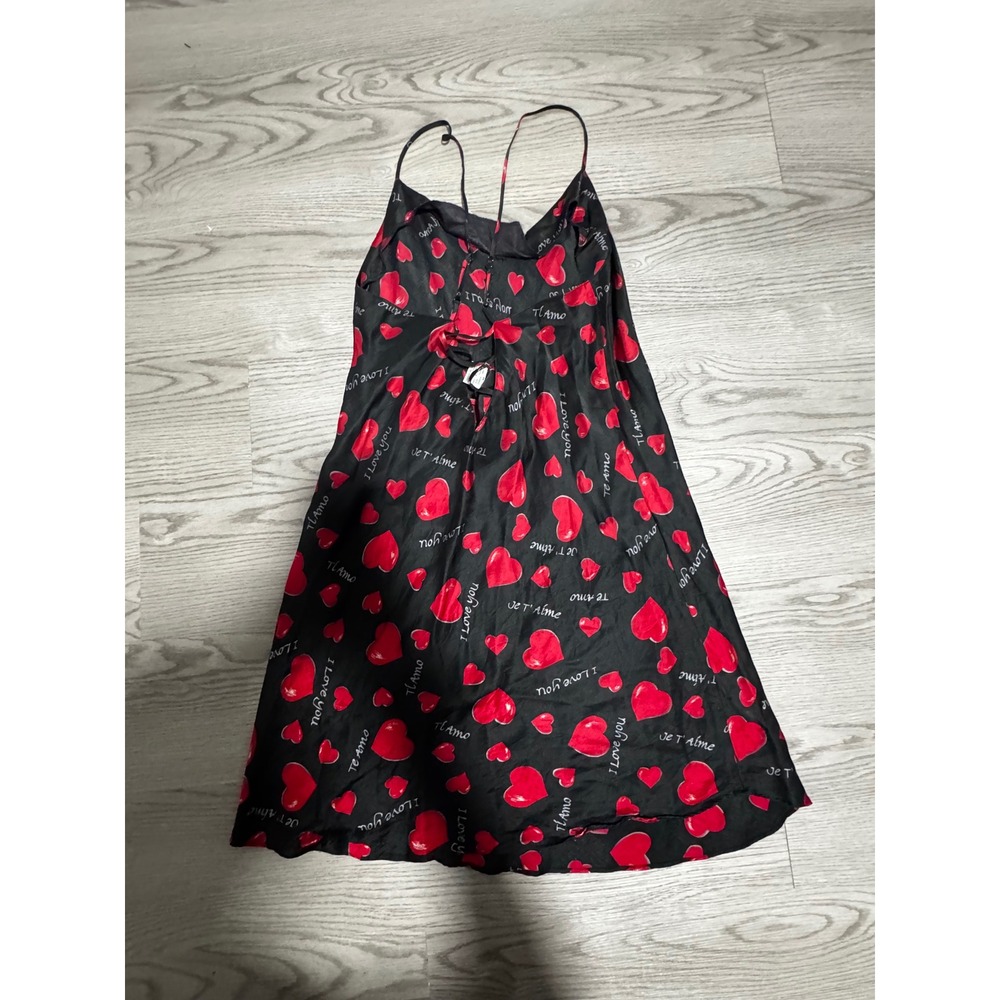 Vintage Intimate Style Slip Dress‎ Hearts Print Lingerie Mini Dress Black Medium - Picture 2 of 5